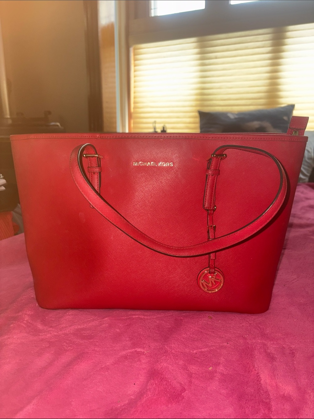 Michael Kors Red Saffiano Leather Tote with MK Charm